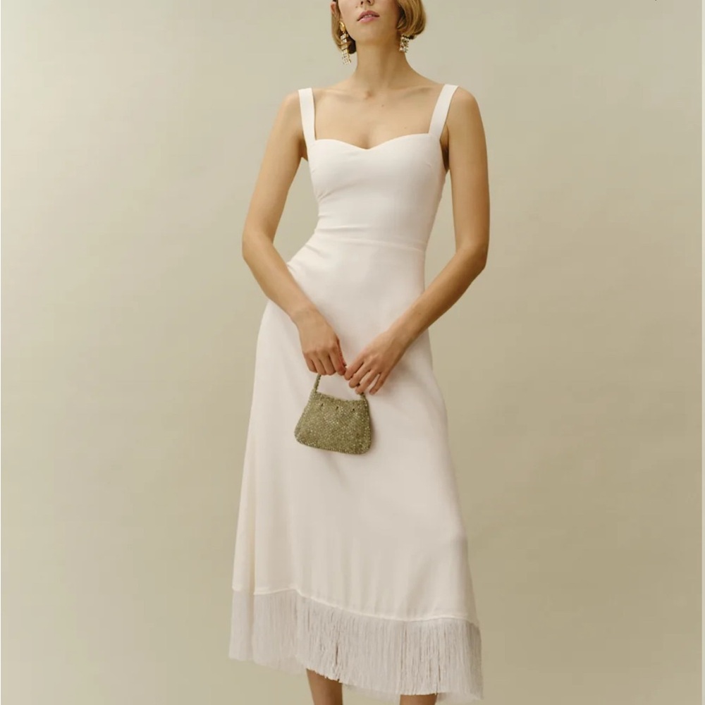 OBO Reformation Sarabeth Dress | Cream Midi Dress with Fringe Hem | Dry Cleaned